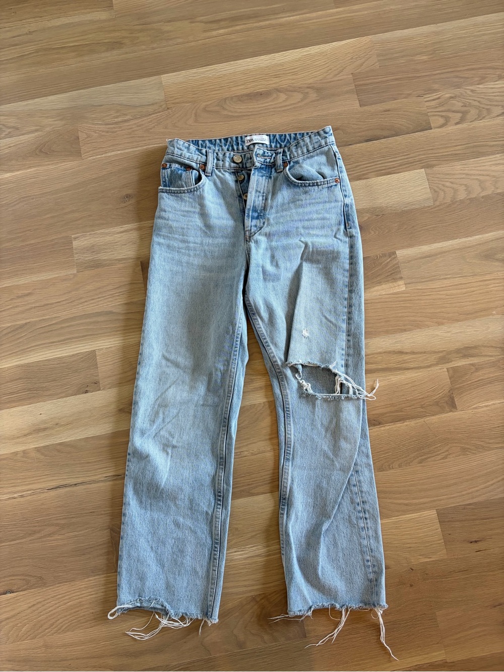 Zara Light Blue Straight Leg Distressed Jeans